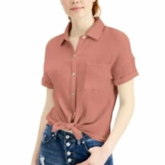 NEW Self Esteem Pink Relaxed Button Up Linen Top - Picture 2 of 6